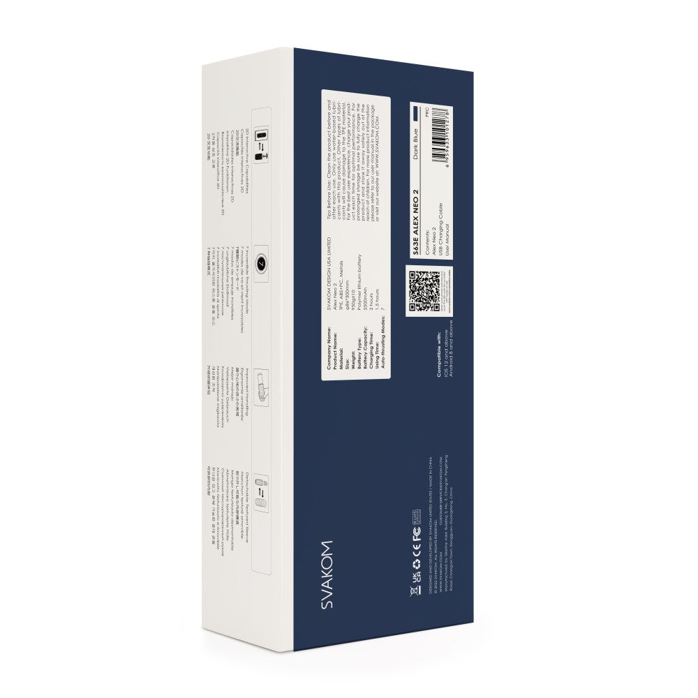 Rear view of Alex Neo 2 Interactive Thrusting Masturbator | Svakom (Dark Blue) packaging