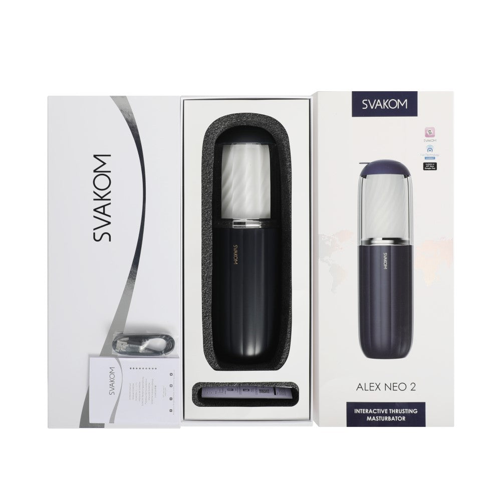 Packaging contents of Alex Neo 2 Interactive Thrusting Masturbator | Svakom (Dark Blue)