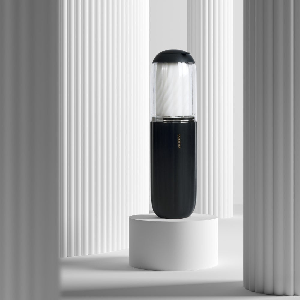 Alex Neo 2 Interactive Thrusting Masturbator | Svakom (Dark Blue) on display stand
