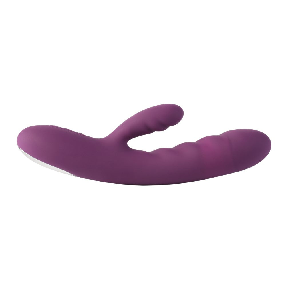 Side View Of Avery Thrusting Rabbit Vibrator | Svakom - Lilac Facing Upwards On White Background