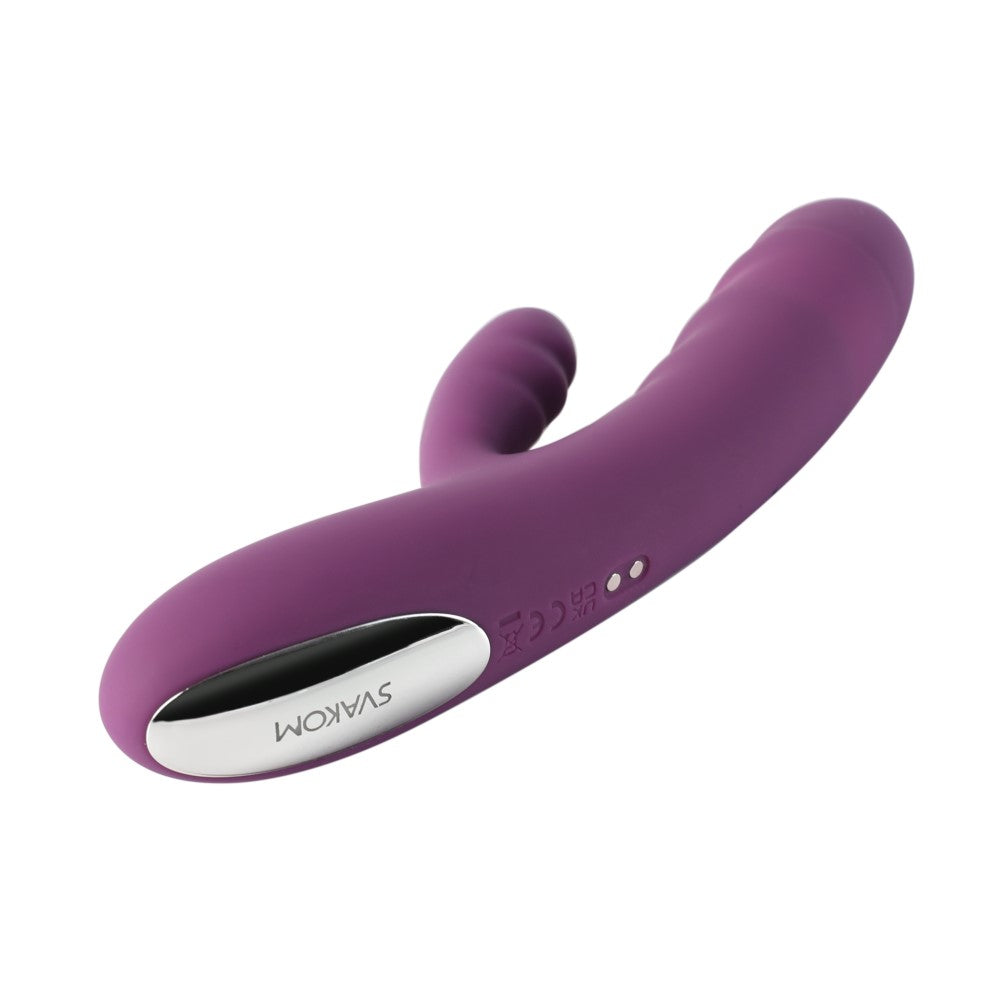 Rear View Of Avery Thrusting Rabbit Vibrator | Svakom - Lilac With Charging Port On White Background