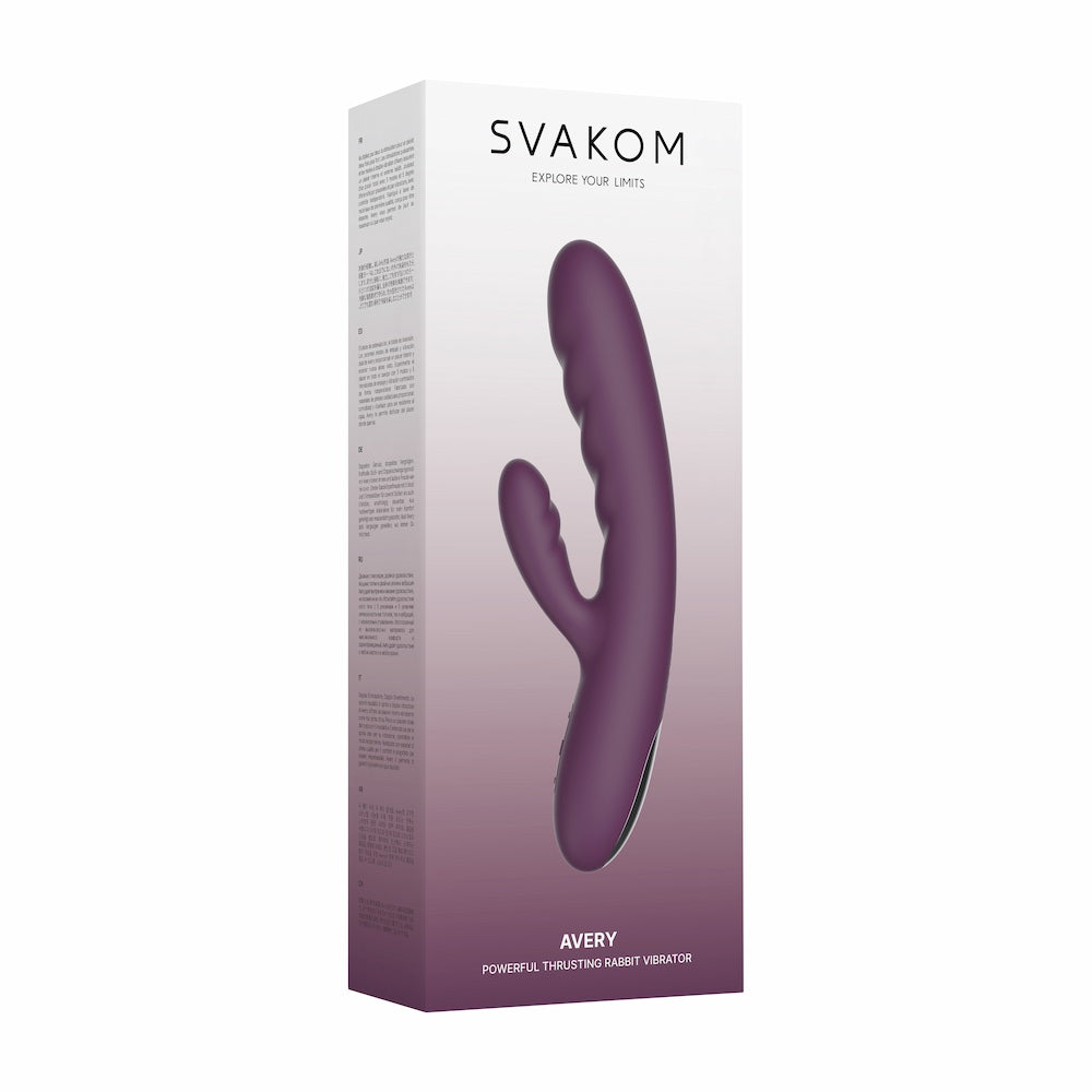 Front View Of Avery Thrusting Rabbit Vibrator | Svakom - Lilac In Closed Packaging On White Background