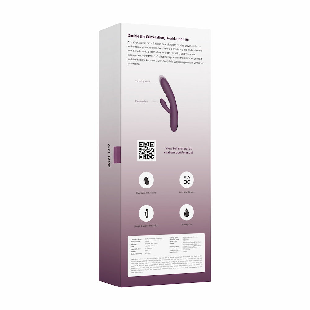Rear View Of Avery Thrusting Rabbit Vibrator | Svakom - Lilac In Closed Packaging On White Background
