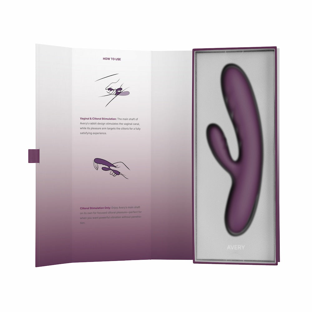 Front View Of Avery Thrusting Rabbit Vibrator | Svakom - Lilac In Open Packaging Showing How To Use Instructions On White Background