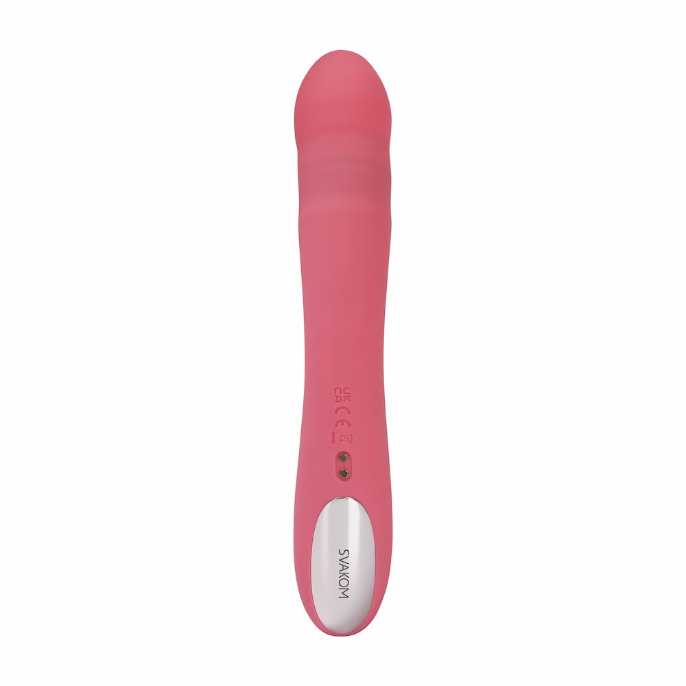 Rear View Of Avery Thrusting Rabbit Vibrator | Svakom - Strawberry Pink Showing Charging Port On White Background