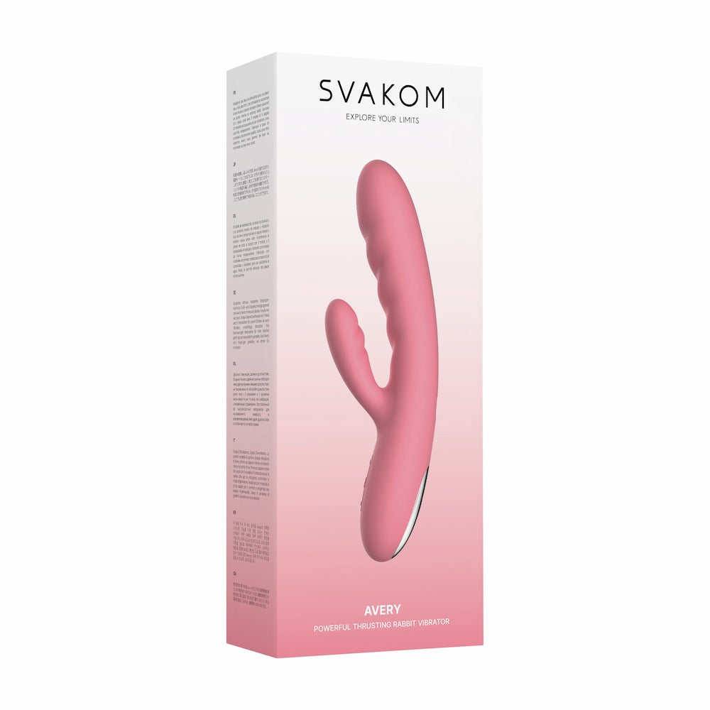 Front View Of Avery Thrusting Rabbit Vibrator | Svakom - Strawberry Pink In Closed Packaging On White Background