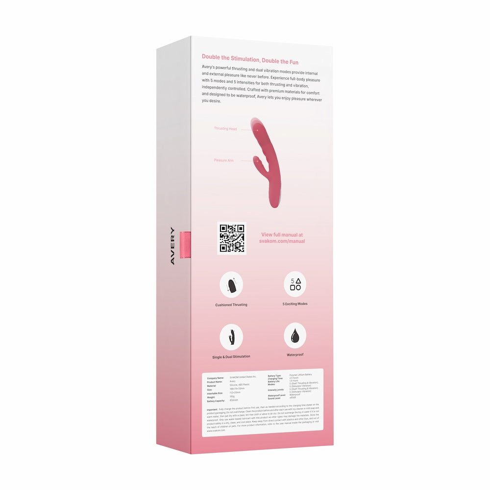 Rear View Of Avery Thrusting Rabbit Vibrator | Svakom - Strawberry Pink In Closed Packaging On White Background