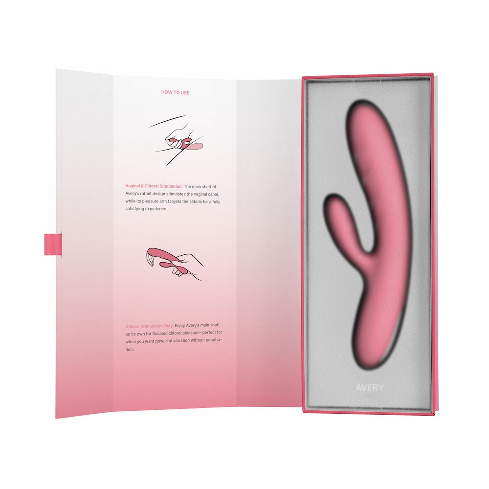 Front View Of Avery Thrusting Rabbit Vibrator | Svakom - Strawberry Pink In Open Packaging Showing How To Use Instructions On White Background