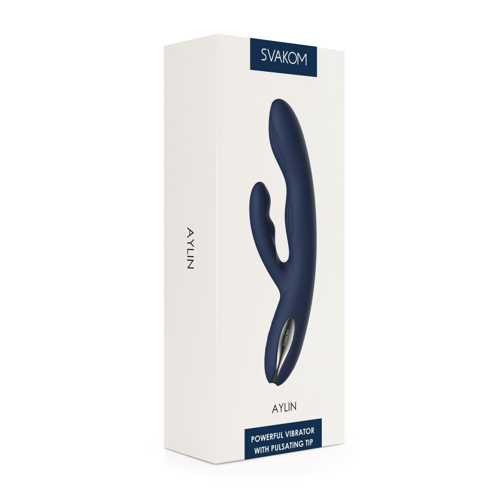 Product packaging of Aylin Powerful Pulsating Dual-Headed Rabbit Vibrator | Svakom (Dark Blue)