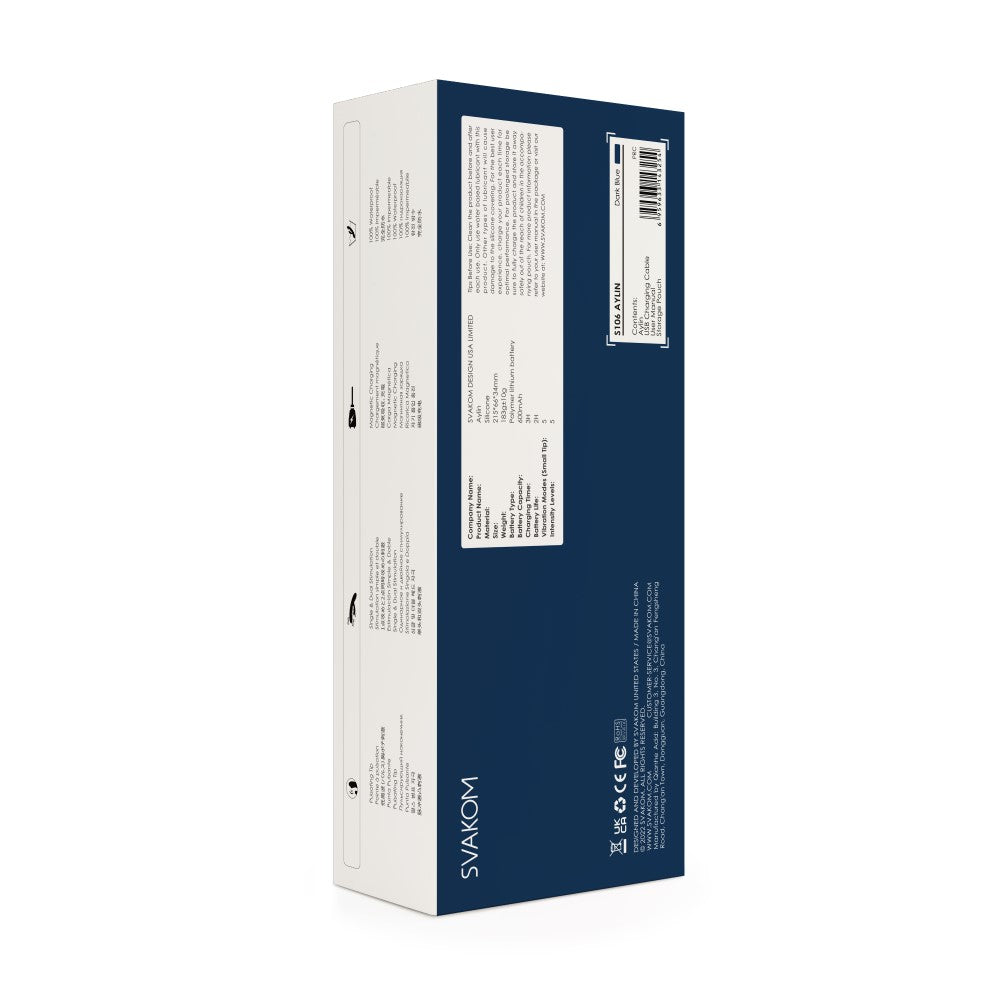 Rear view of Aylin Powerful Pulsating Dual-Headed Rabbit Vibrator | Svakom (Dark Blue) packaging