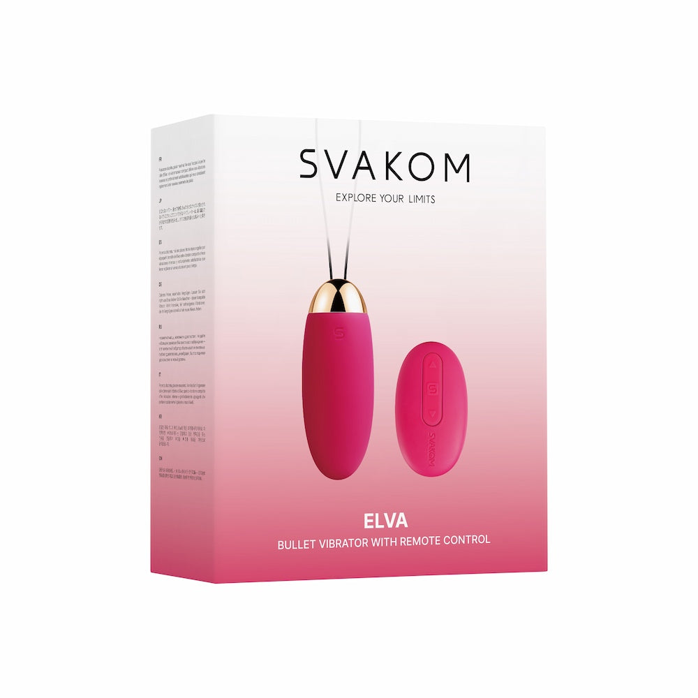 Front View Of Elva Remote-Controlled Vibrating Bullet Egg | Svakom - Plum Red Packaging On White Background