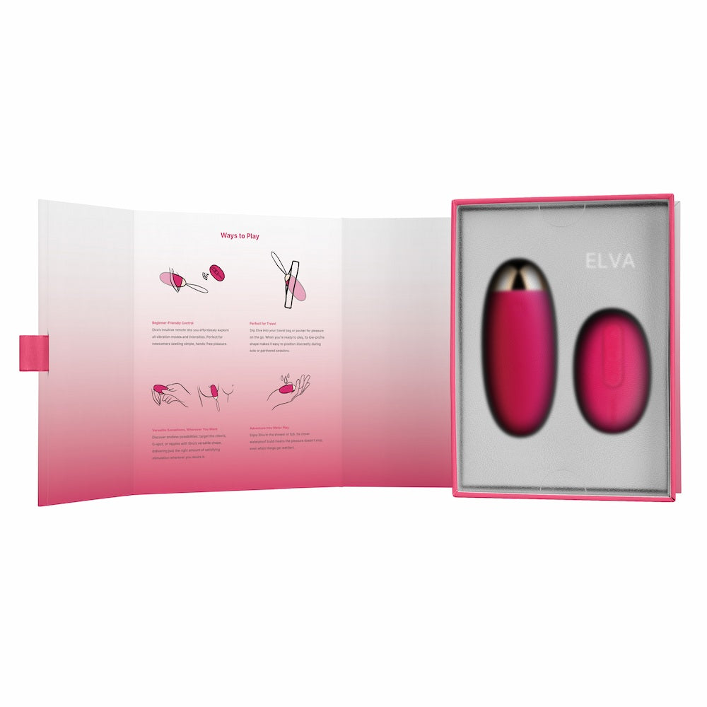 Front View Of Elva Remote-Controlled Vibrating Bullet Egg | Svakom - Plum Red In Open Packaging On White Background