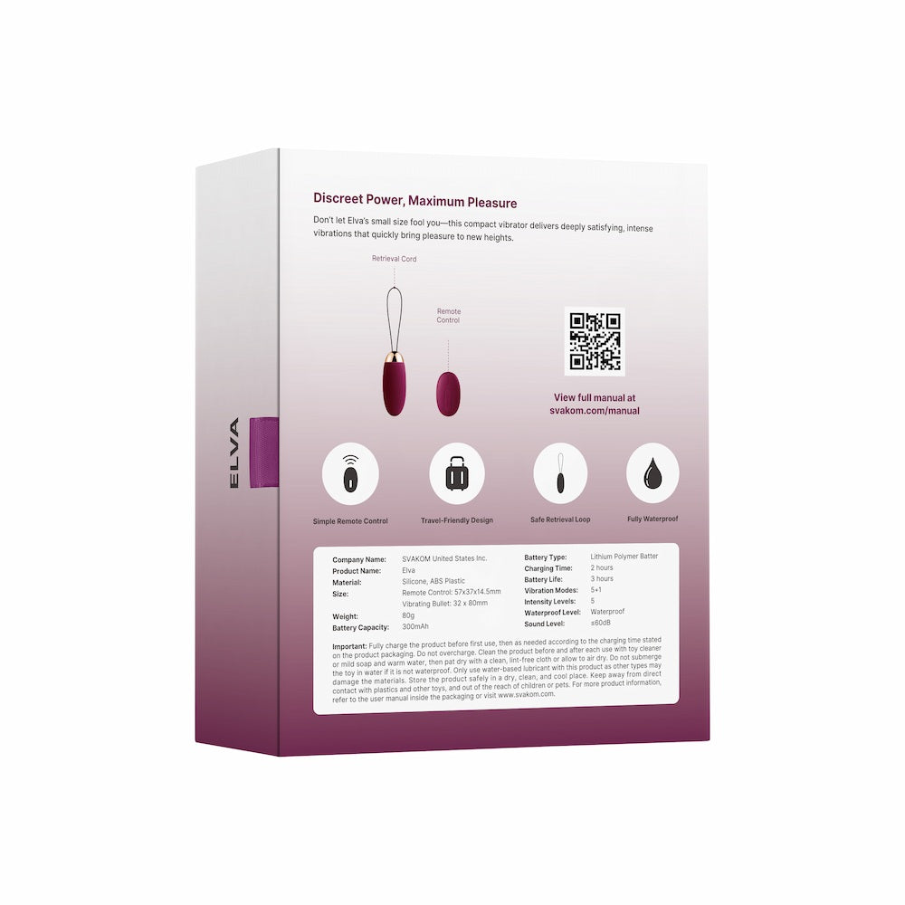 Back View Of Elva Remote-Controlled Vibrating Bullet Egg | Svakom - Violet
Packaging On White Background