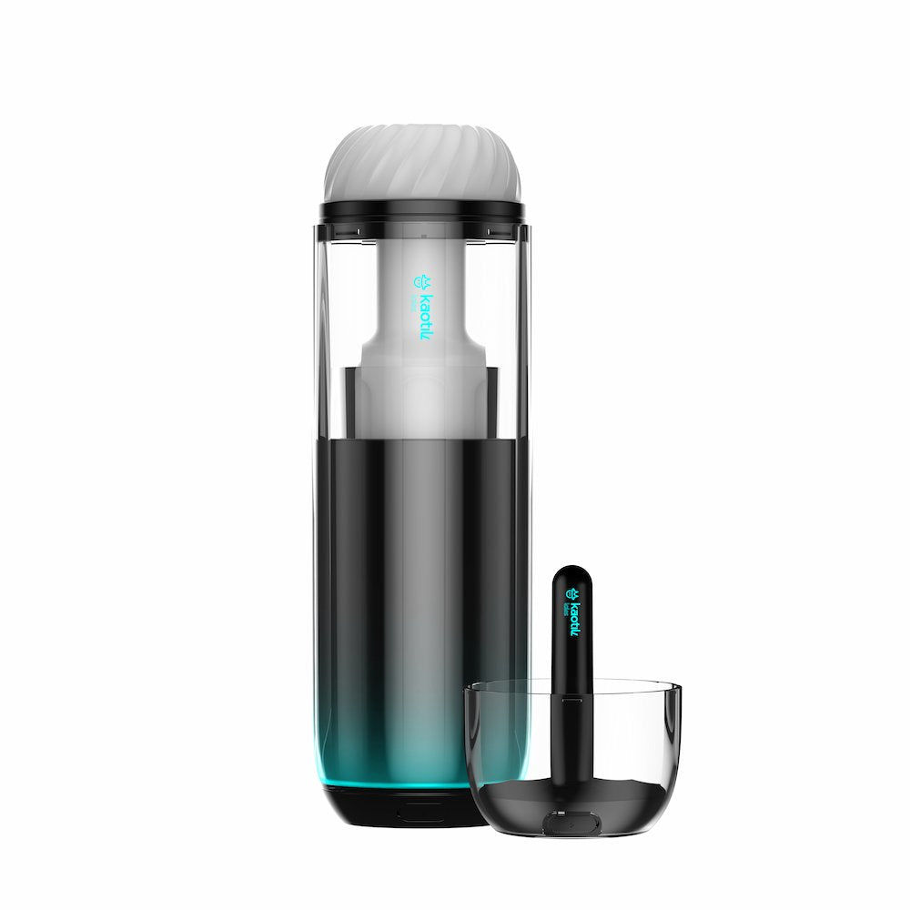 Front view of Kaotik Labs The Cocoon Interactive Vibrating, Throbbing & Warming Masturbator with the transparent protective cap removed, showing the sleeve insert and outer casing on a white background.