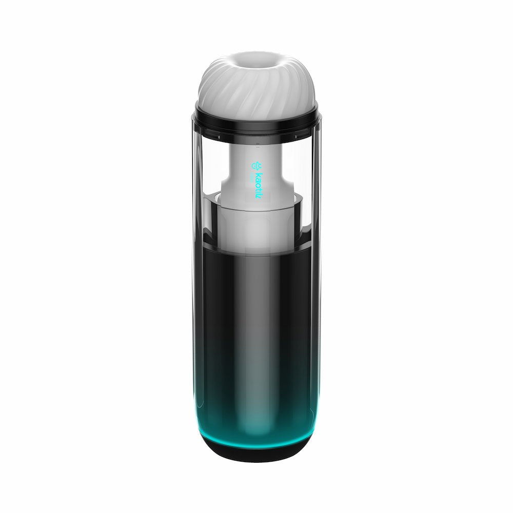 Angled front view of Kaotik Labs The Cocoon Interactive Vibrating, Throbbing & Warming Masturbator showing the open textured sleeve and transparent outer casing on a white background.