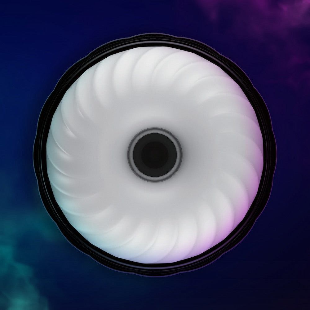 Top view of Kaotik Labs The Cocoon Interactive Vibrating, Throbbing & Warming Masturbator showing the white textured sleeve opening on a dark blue and purple background.