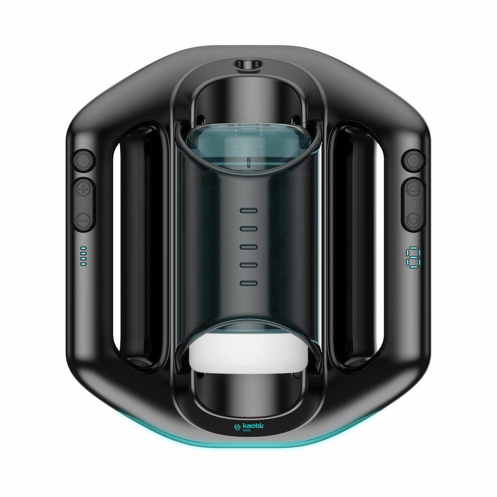 Top view of Kaotik Labs The Jetpack Interactive Double-Handed Thrusting Masturbator showing the transparent sleeve cover, double handles, control buttons and battery indicators.