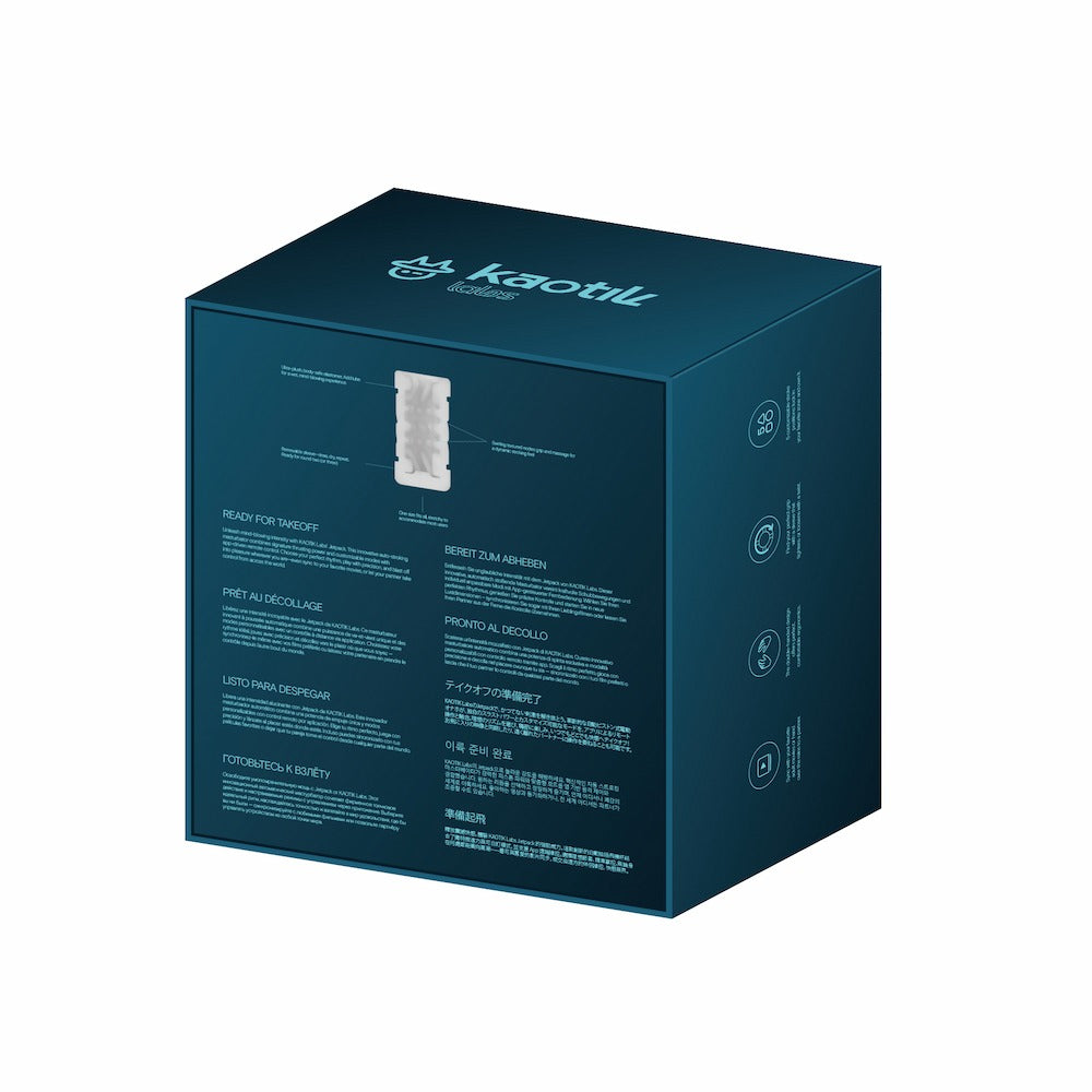 Back view of Kaotik Labs The Jetpack Interactive Double-Handed Thrusting Masturbator packaging box showing product information, feature icons and multilingual descriptions.