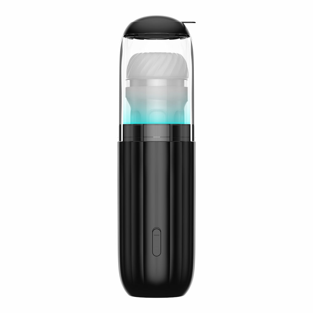 Back view of Kaotik Labs The Shockwave Interactive Powerful Thrusting Masturbator showing the black body, transparent cover and white sleeve inside on a white background.