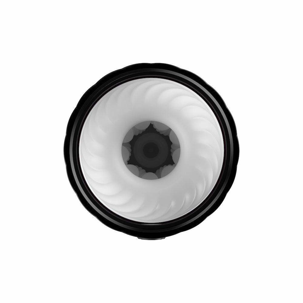 Top view of Kaotik Labs The Shockwave Interactive Powerful Thrusting Masturbator showing the white textured sleeve opening and black rim on a white background.