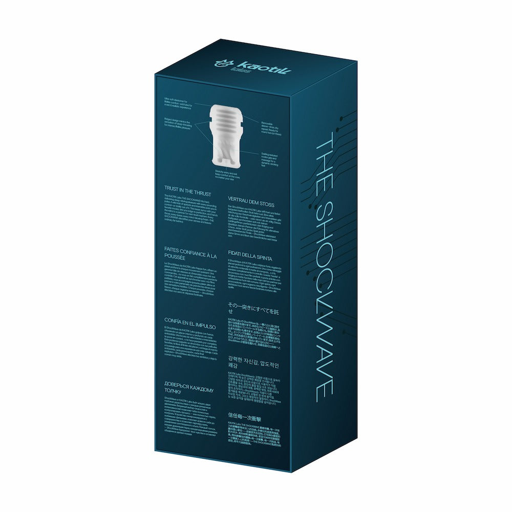 Back view of Kaotik Labs The Shockwave Interactive Powerful Thrusting Masturbator packaging box showing product information, feature callouts and multilingual descriptions.