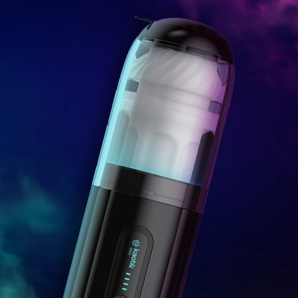 Angled view of Kaotik Labs The Shockwave Interactive Powerful Thrusting Masturbator on a dark blue and purple background showing the transparent cover, white sleeve and control panel.
