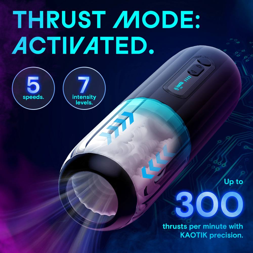 Kaotik Labs The Shockwave Interactive Powerful Thrusting Masturbator feature graphic highlighting thrust mode, five speeds, seven intensity levels and up to 300 thrusts per minute.
