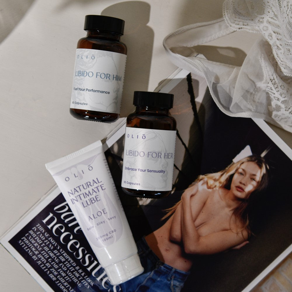 Libido For Him | Oliō next to Libido For Her & Natural Intimate Lube by Olio