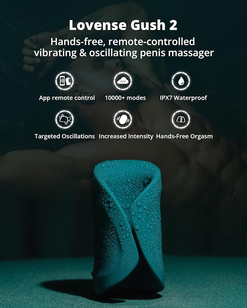 Lovense | Gush 2 Hands-Free App-Controlled Vibrating & Oscillating Penis Massager Features Infographic