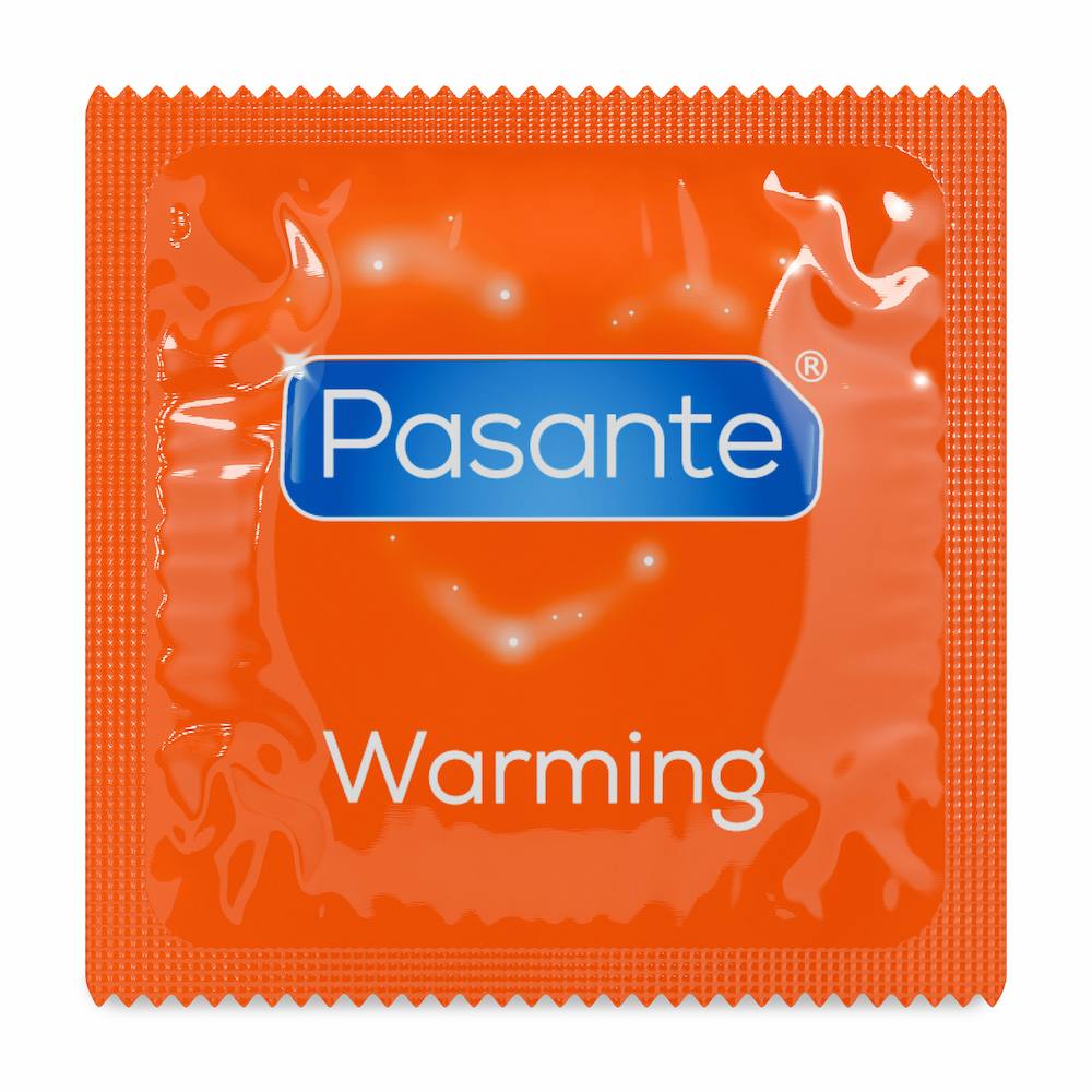 Front View of Pasante Climax Warming Ribbed Condoms Foil On White Background