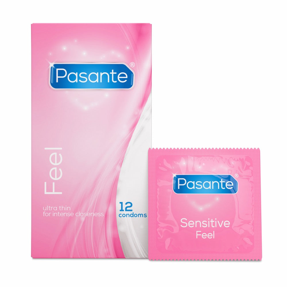 Front View Of Pasante Feel Ultra Thin Condoms 12 Pack And Foil On White Background