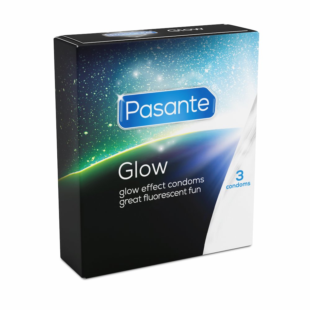 Angled View Of Pasante Glow-In-The-Dark Condoms On White Background