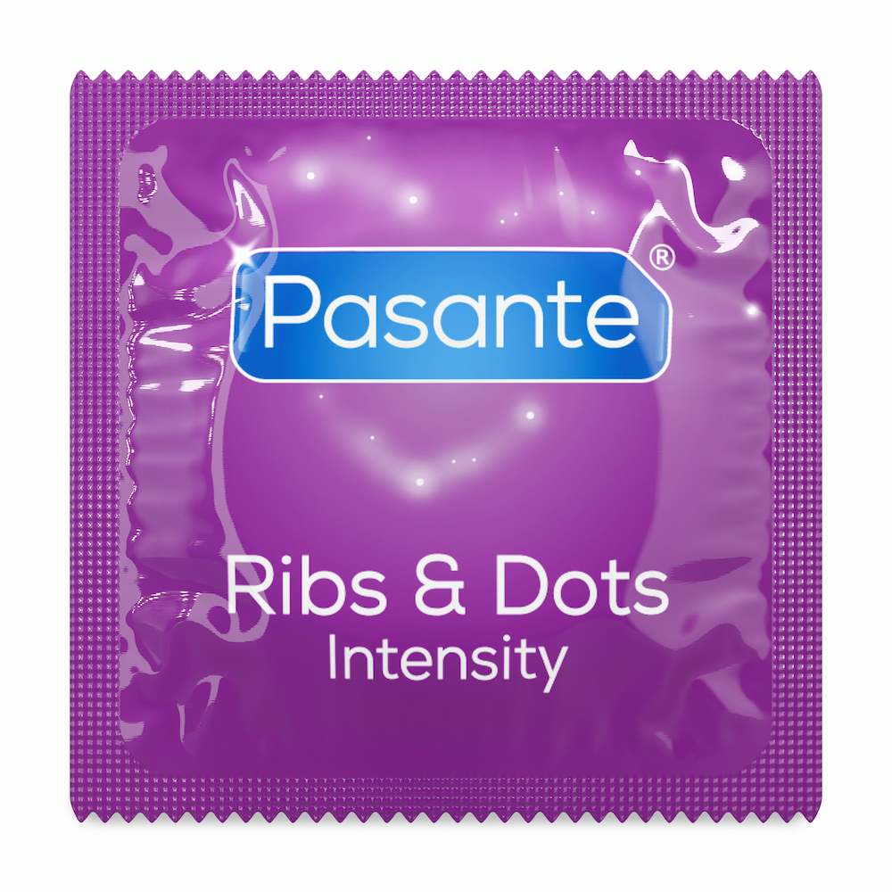 Front View Of Pasante Intensity Ribbed And Dotted Condoms Foil On White Background