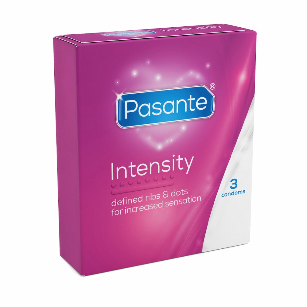 Angled View Of Pasante Intensity Ribbed And Dotted Condoms 3 Pack On White Background