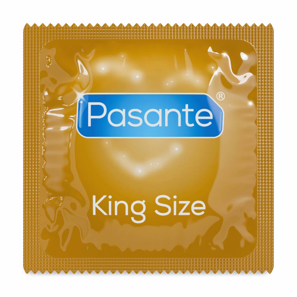 Front View Of Pasante King Size Condoms Foil On White Background