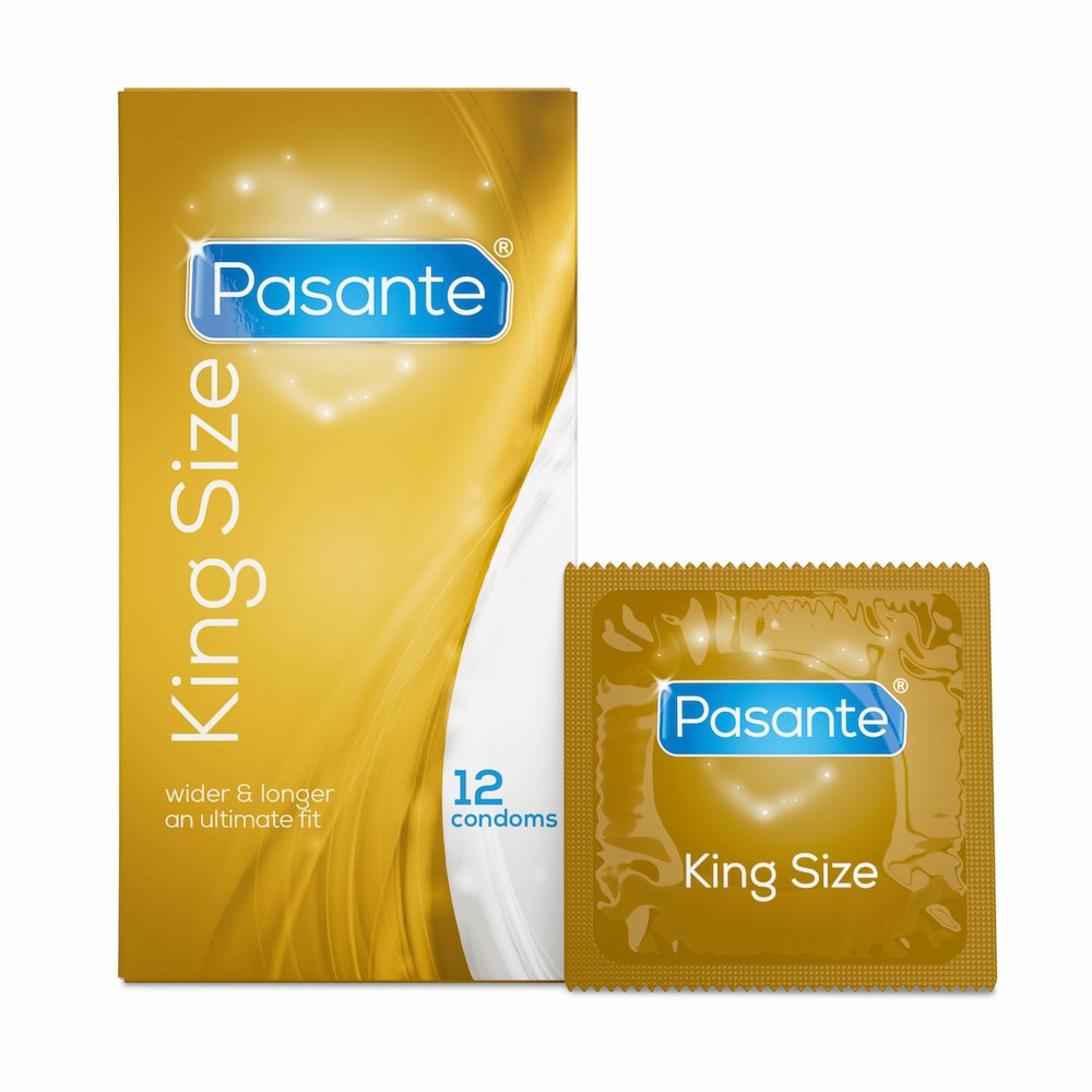 Front View Of Pasante King Size Condoms 12 Pack And Foil On White Background
