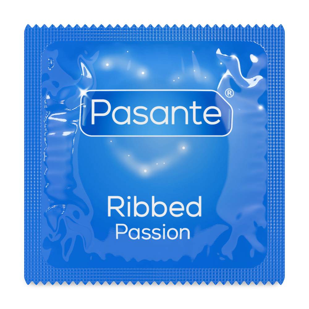Front View Of Pasante Passion Ribbed Condoms Foil On White Background