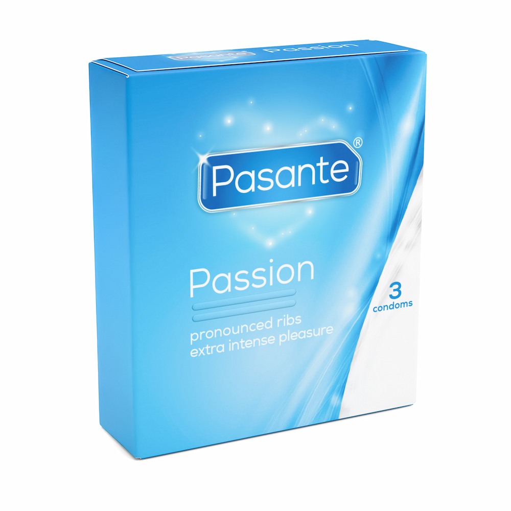Angled View Of Pasante Passion Ribbed Condoms 3-Pack On White Background