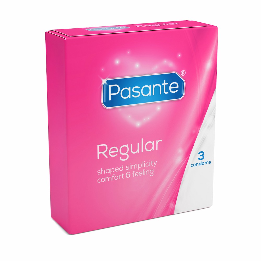 Angled View Of Pasante Regular Shaped Simplicity Condoms On White Background