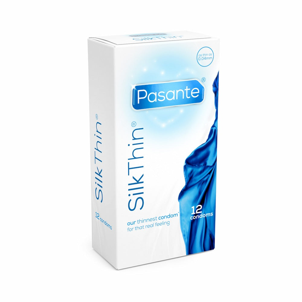 Angled View Of Pasante Silk Thin Condoms Box On White Background