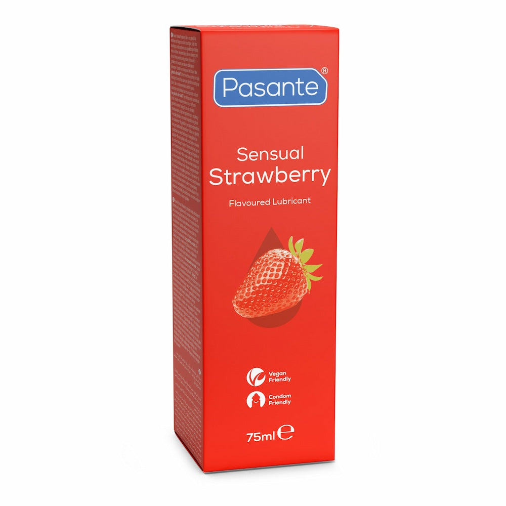 Angled view of Pasante Strawberry Flavoured Water-Based Lube Packaging On A White Background
