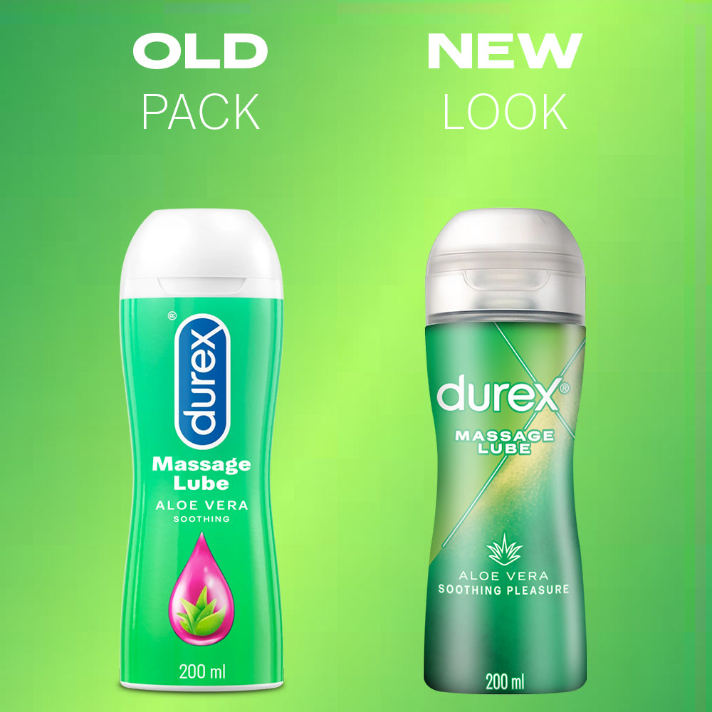 New and old packaging of Play 2-in-1 Soothing Massage Gel & Lube with Aloe Vera | Durex