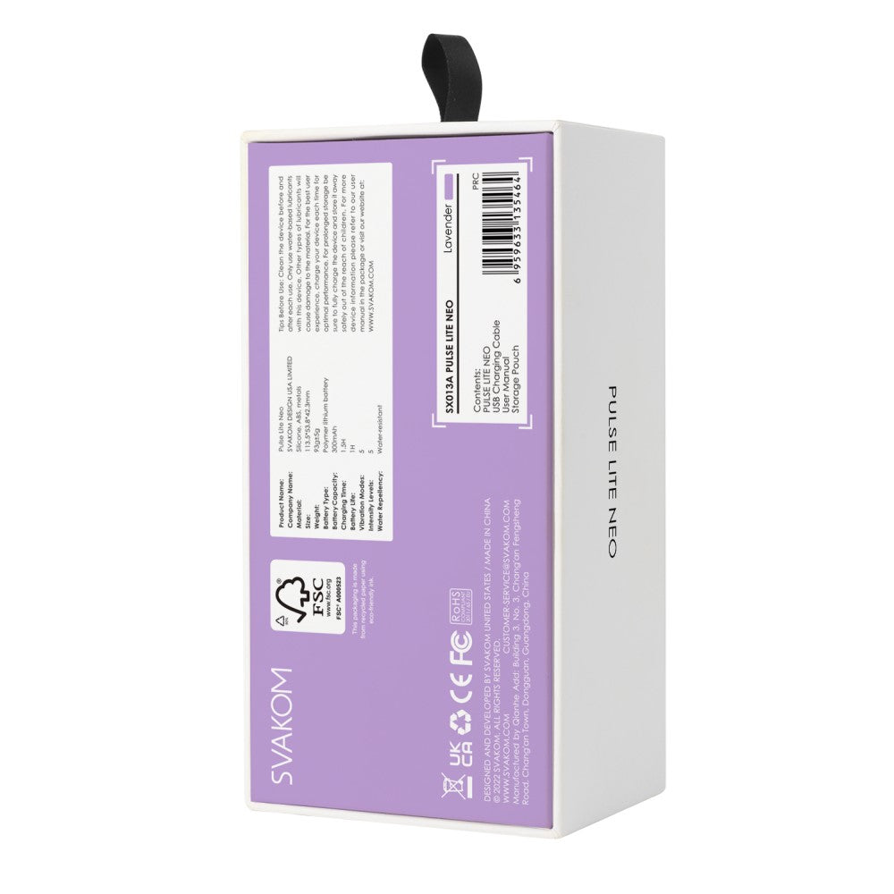 Rear view of Pulse Lite Neo Interactive Suction Stimulator | Svakom (Lavender) packaging