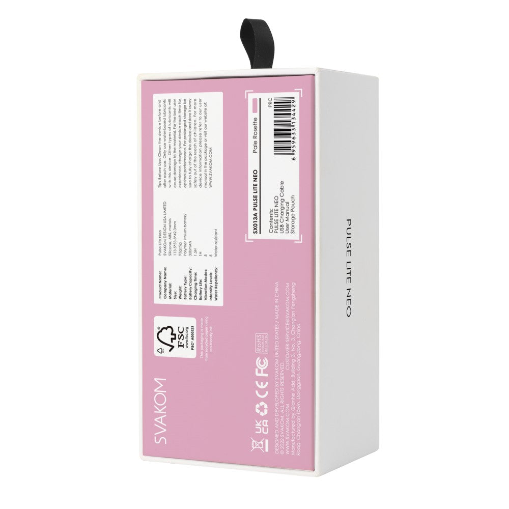 Rear view of Pulse Lite Neo Interactive Suction Stimulator | Svakom (Pale Rosette) packaging