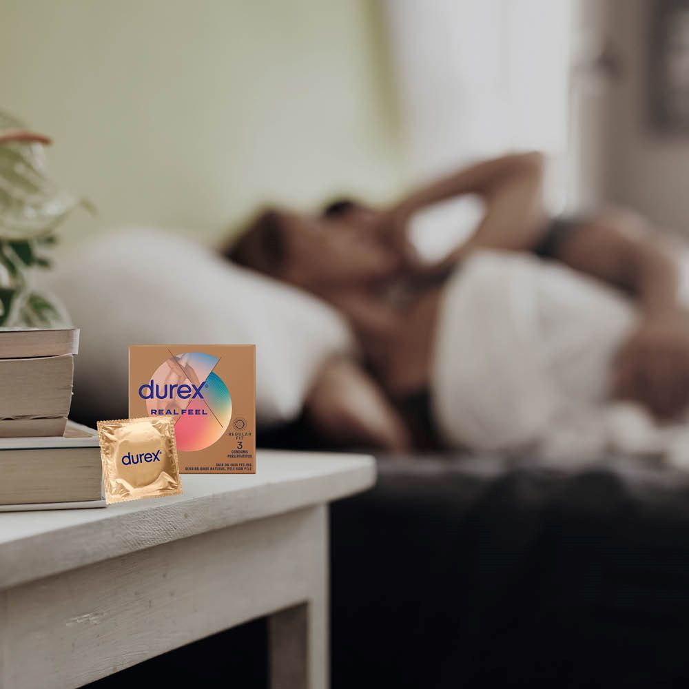Real Feel Condoms | Durex (3s) on bedside table