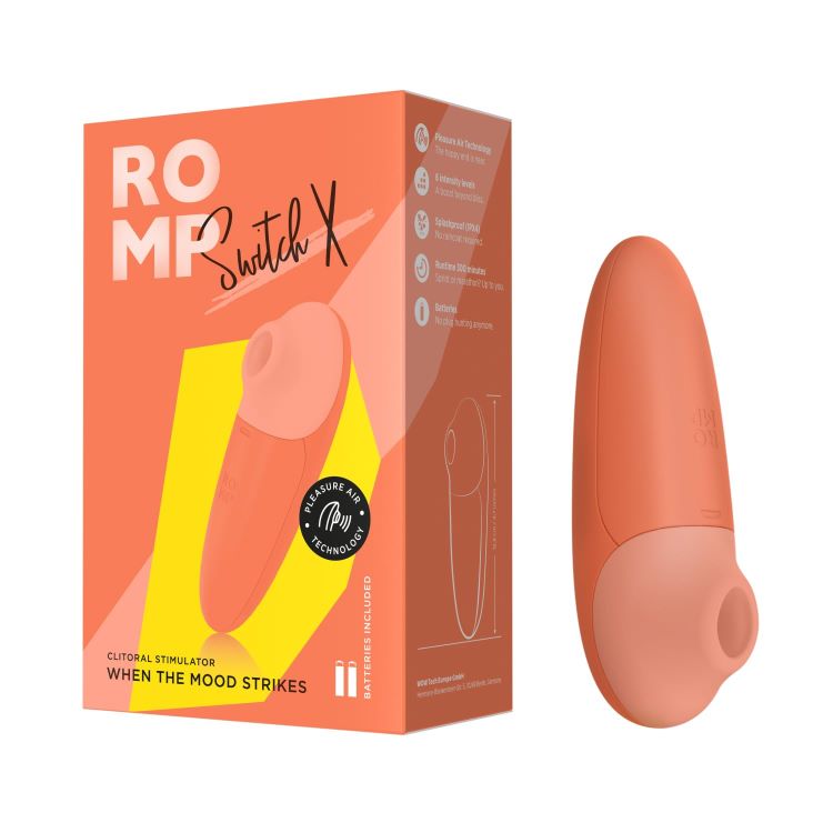 Romp | Switch X Clitoral Suction Stimulator Next To Packaging