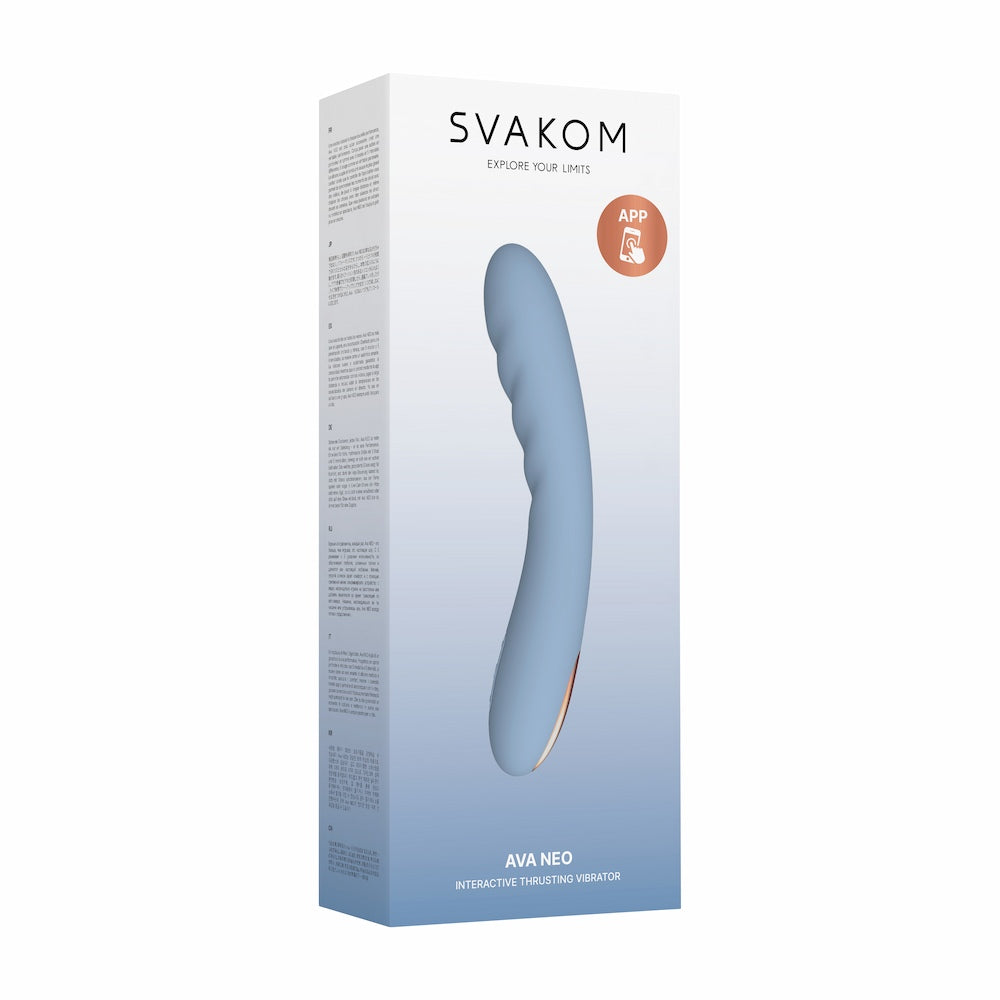 Front View Of Svakom Ava Neo Interactive Thrusting Vibrator Packaging On White Background