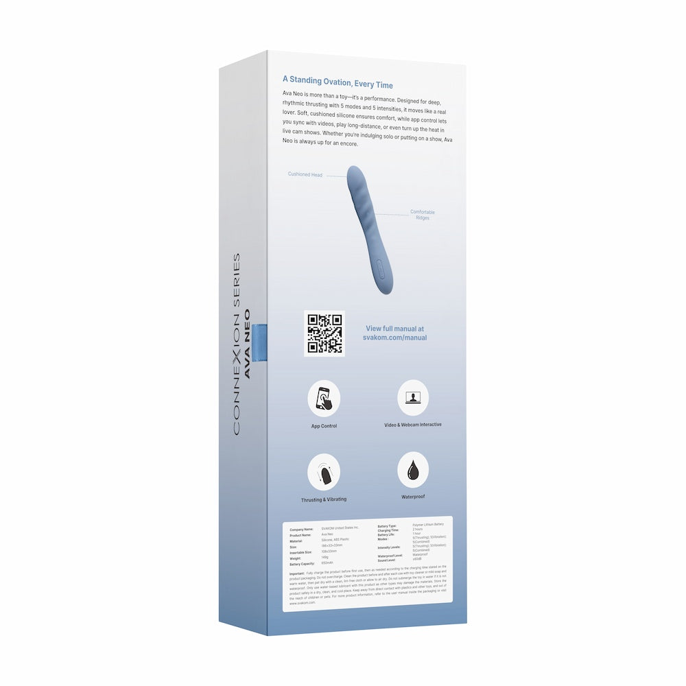 Rear View Of Svakom Ava Neo Interactive Thrusting Vibrator Packaging On White Background