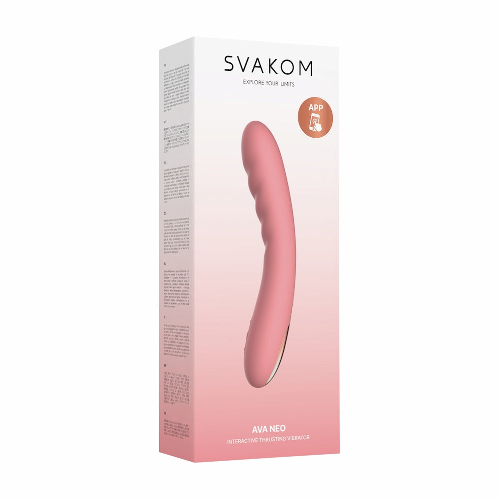 Front View Of Svakom Ava Neo Interactive Thrusting Vibrator Packaging On White Background