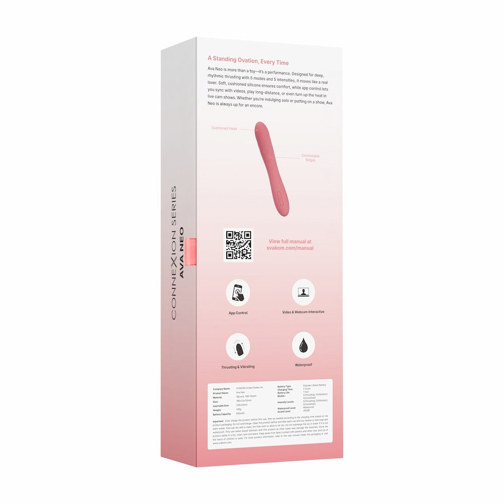 Rear View Of Svakom Ava Neo Interactive Thrusting Vibrator Packaging On White Background